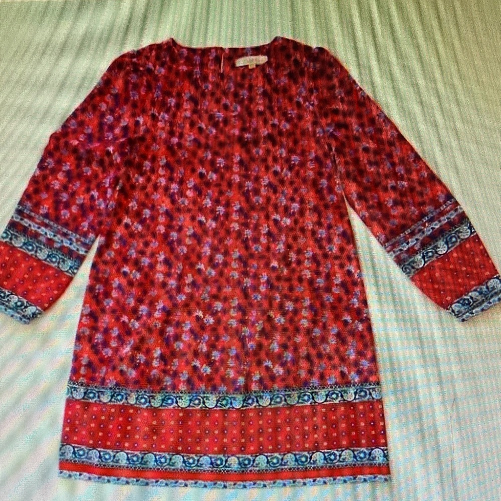 Ann Taylor LOFT Dress Long Sleeve Floral Mixed Print Bohemian Red White Blue